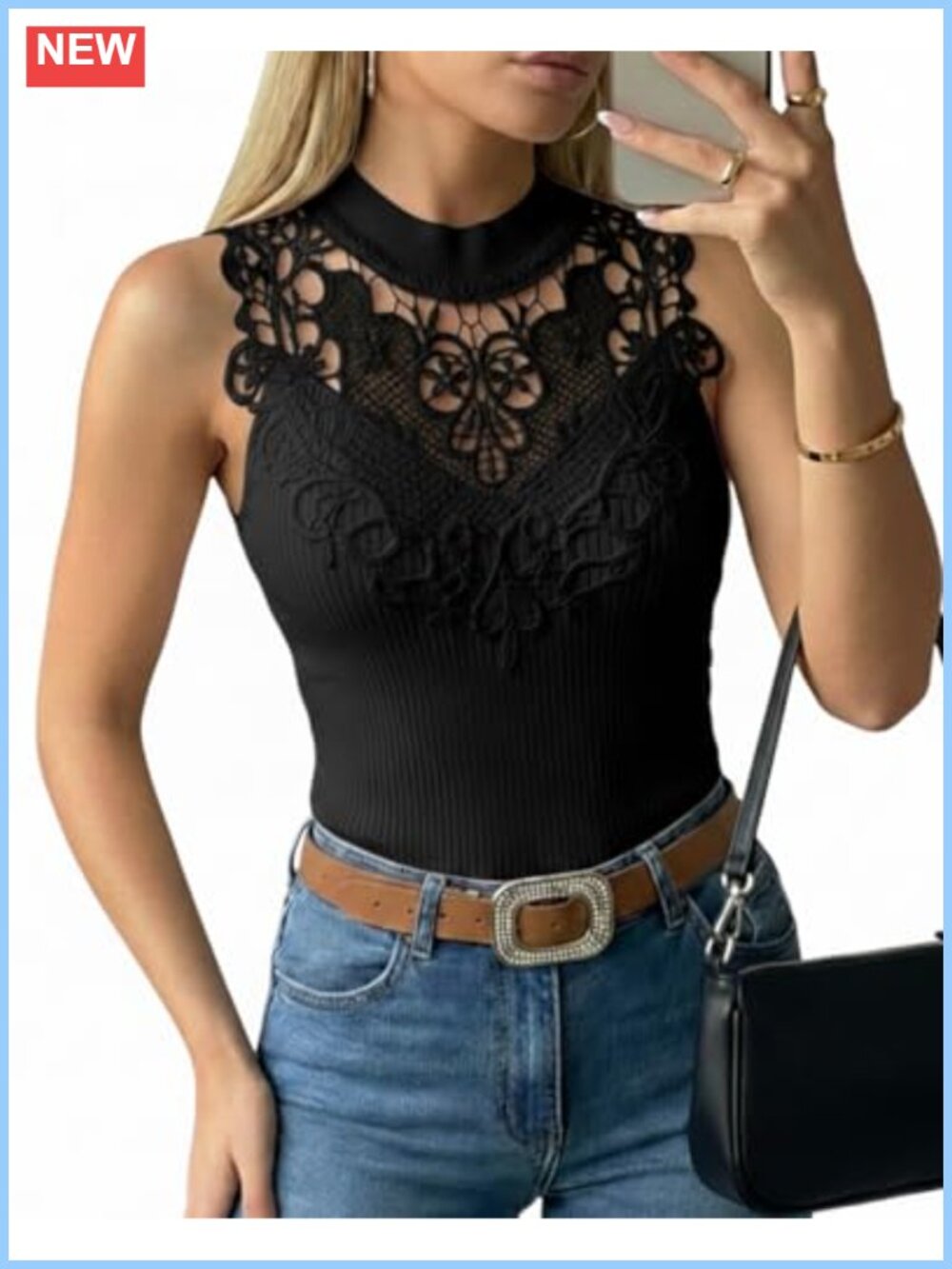 Sleeveless Lace Mock Neck Ribbed Knit Tank Top Fitted Dressy Summer Mesh Knit